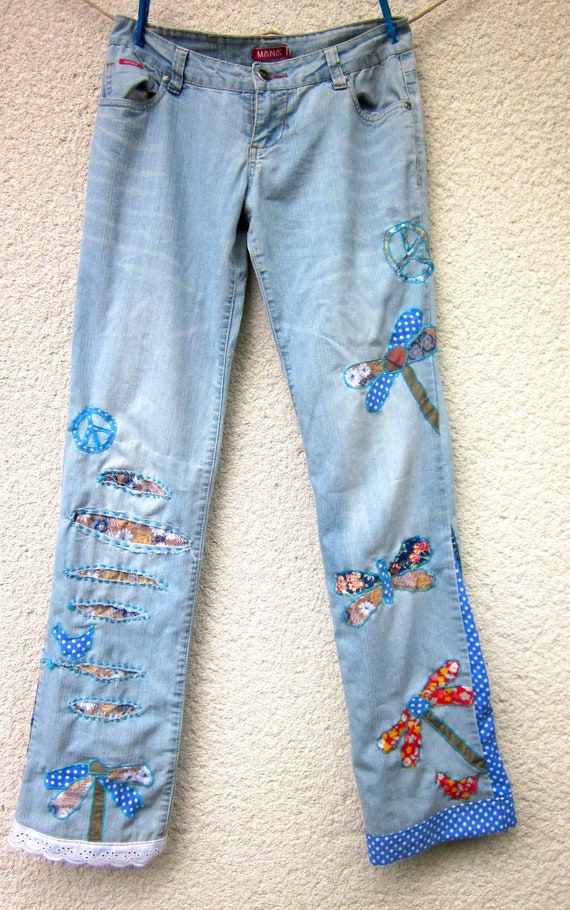 bohemian / indie / hippie upcycled jeans patchwork pants