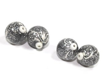 Polymer Clay round beads in Black, White and Greys. Unique pattern, Set of 4