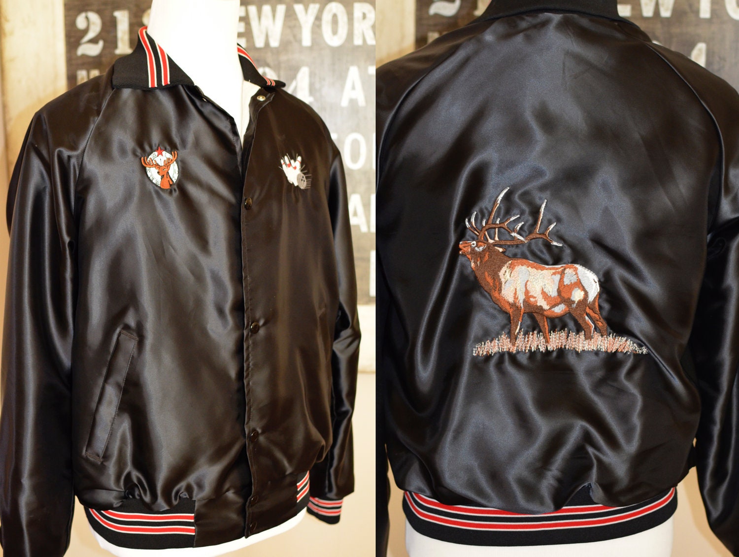 Vintage Men's Satin Elks Bowling Jacket Black Estate