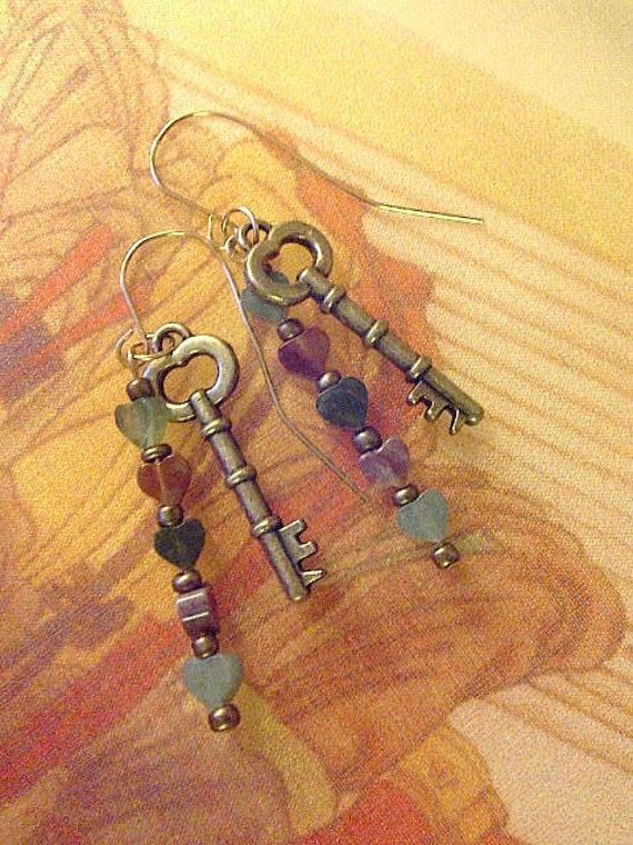 Tiny Hearts & Bronze Key Earrings Heart Earrings