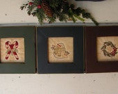 Three Primitive Ornaments Christmas Favorites-- Candy Cane, Snowman, Wreath Decorating