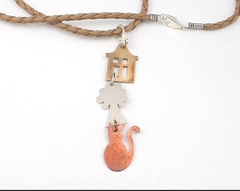 House, tree, cat pendant, silver, copper, brass, brooch