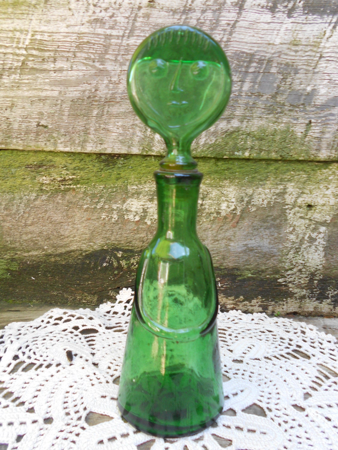 Vintage Unique Green Glass Lady Bottle with stopper lid