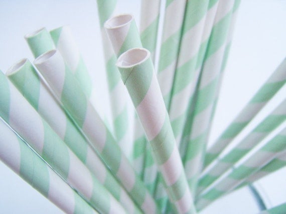 Striped Paper Drinking Straws (25) - MINT GREEN - Includes Free Printable Straw Flags Il_570xn