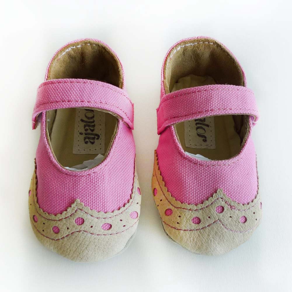 Baby Girl Shoes Pink Canvas with Brogued Beige Leather by ajalor