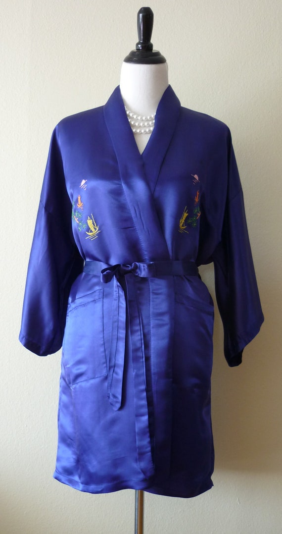 Vintage Embroidered Blue Satin Kimono Robe Size Large