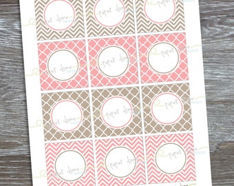INSTANT DOWNLOAD - Editable and Printable 2 inch party circles: Shabby, Pink, Coral, Brown, Gray, Beige - Type your own text and print