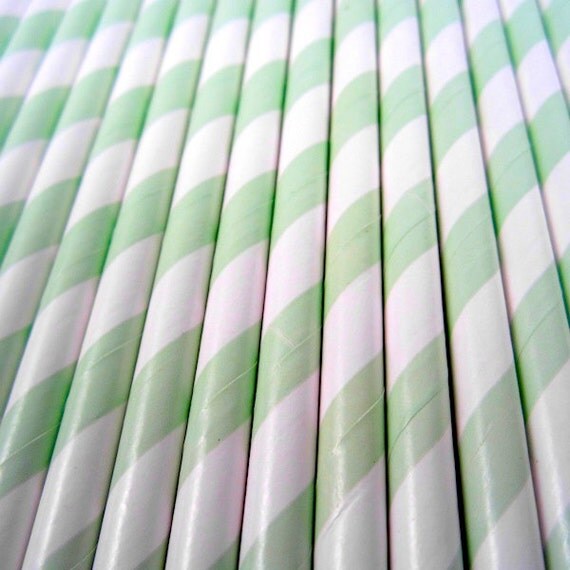25 Mint Green Stripe Paper Straws - Drinking Straw - Party Supplies Il_570xn