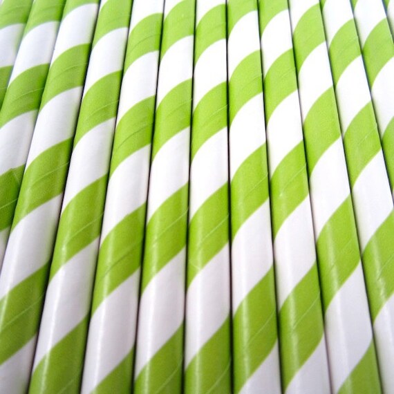 25 Bright Green and White Striped Paper Straws - Drinking Straws with Party Flags - Party Supplies Il_570xn