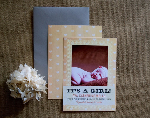 Vintage Heart Girl Birth Announcement, Baby Announcement, Baby Girl, Hearts Il_570xn