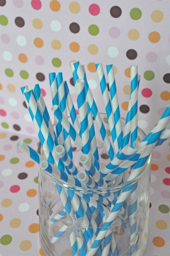 Paper Straws - 50 Blue Striped Party Straws and Coordinating DIY Straw Flag PDF