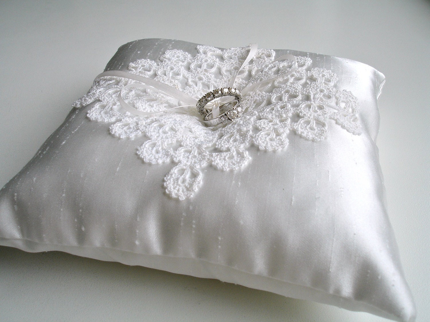 Ring Bearer Pillow in Ivory Color With Handcrocheted Vintage