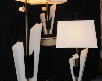Grouping of 3 Mid Century Moderne Black & White Lamps by Moss Lamp Company, California, ca 1950s
