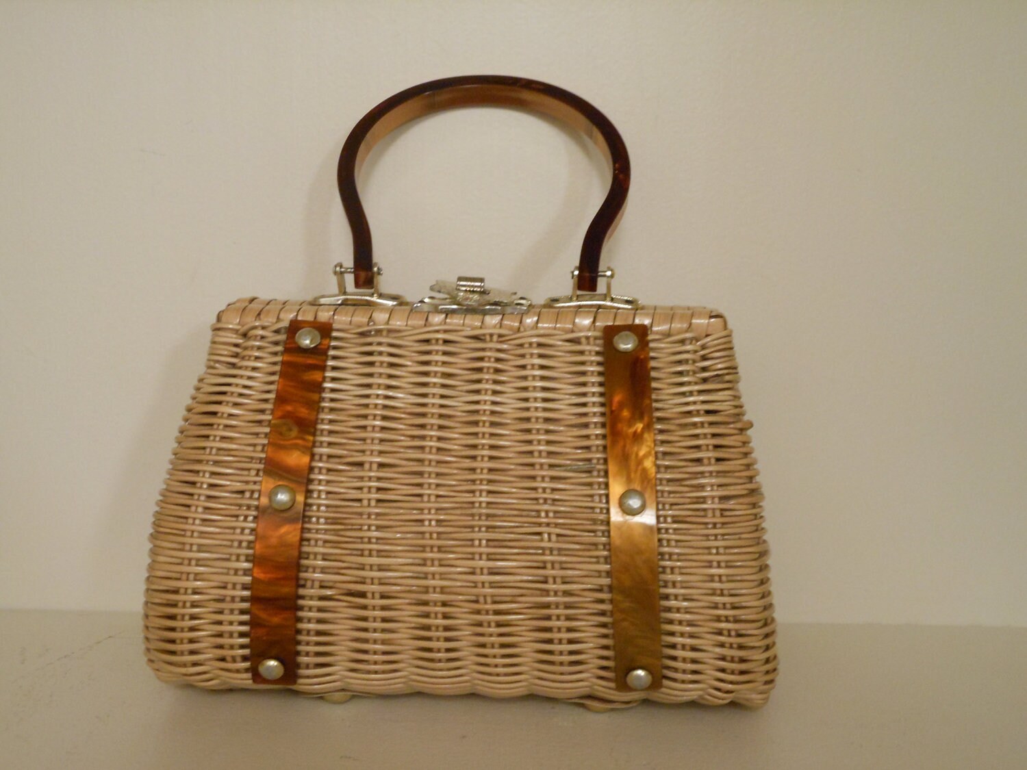 Vintage Straw Purse with Lucite handles and embossed metal