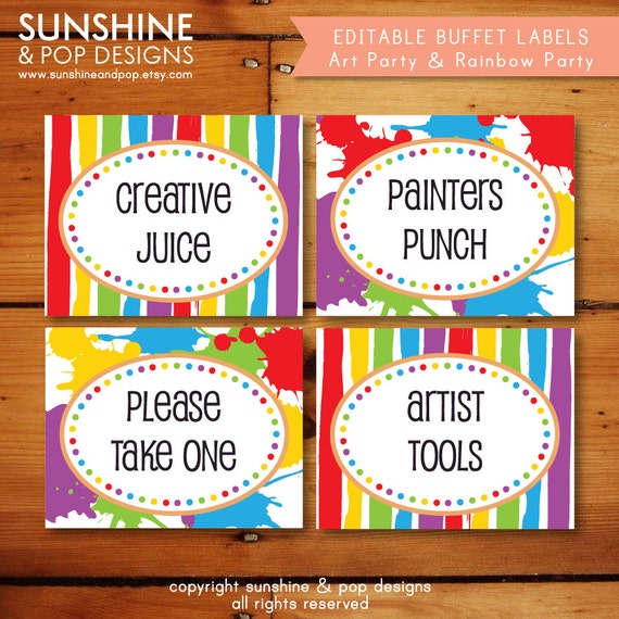 INSTANT DOWNLOAD - EDITABLE Rainbow Art Party Folding Buffet Card, Food Tag, Label - Custom pdf - Paint Splatter Painting Party Il_570xn