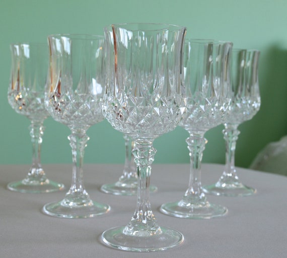 Set Of 6 Cut Crystal Wine Glasses In Diamond Pattern