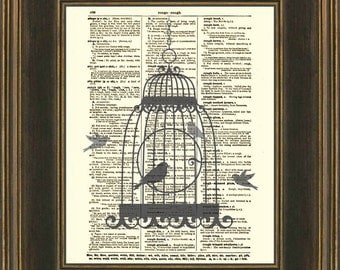 Dictionary Art Print, Bird Cage Print, Bird Silhouette