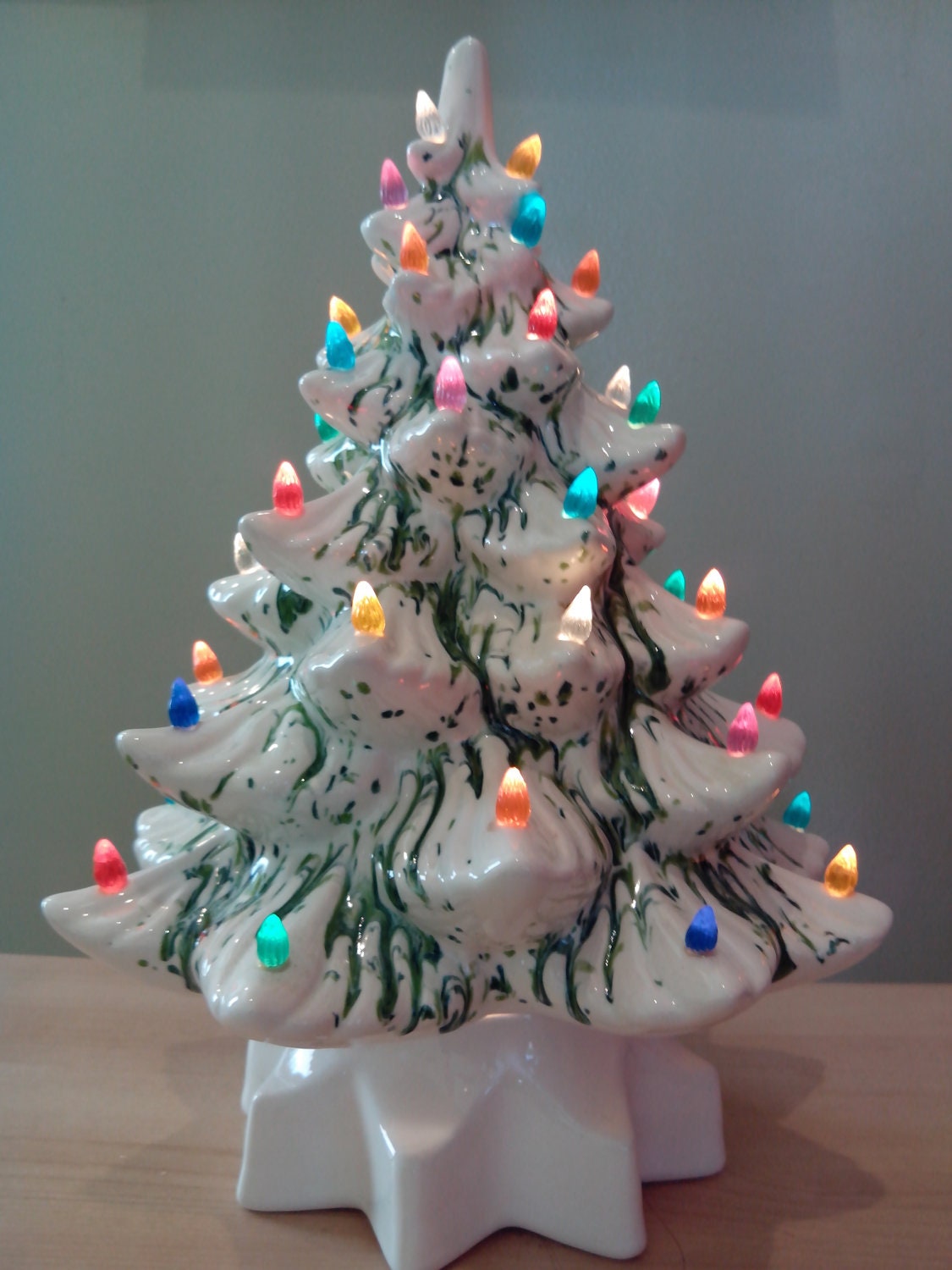 Vintage Ceramic Christmas Tree White w/Green Colored Bulbs