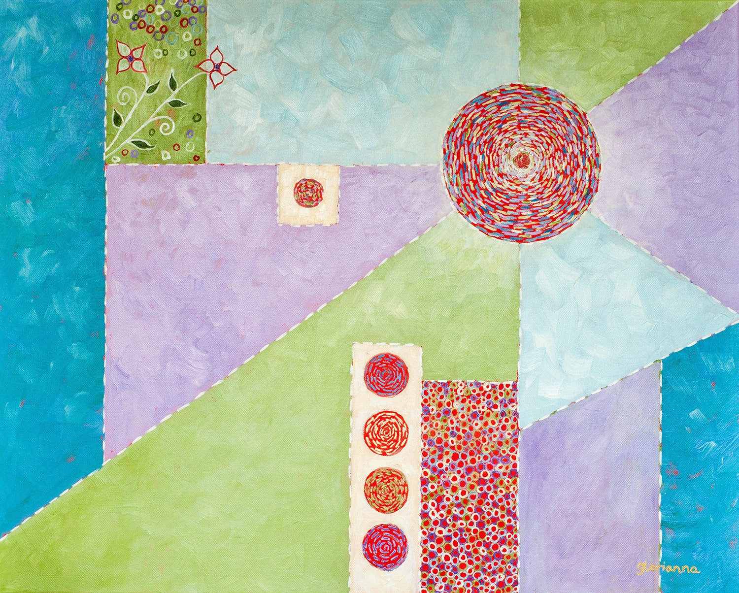 Abstract Oil Painting Patchwork Quilt Circles Triangles Pastel