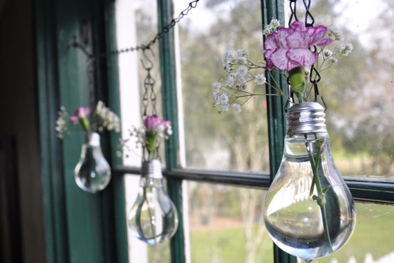 Set of 3 hanging Vases made from Recycled Light Bulbs.