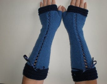 Handknitted long blue with dark blue accent color women fingerless gloves / wrist warmers victorian style