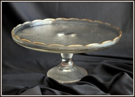 Vintage Gold Trimmed Depression Glass Cake Stand