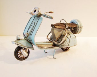 Turquoise Vespa bike, vintage, collectible, retro miniature, tin and rubber, blue Vespa scooter, early nineties metal Vespa gift