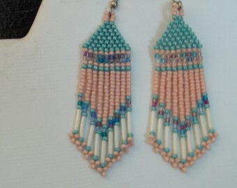 Long seed beaded earrings in pink, aqua and ivory