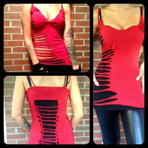 Items similar to Slashed and Ripped tank top sexy rocker mini dress