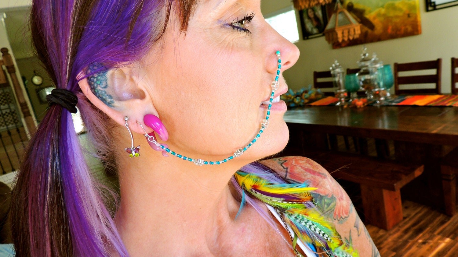 Beaded star turquoise teal nose chain nose jewelry