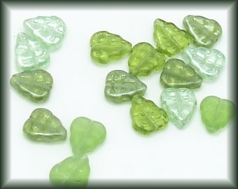 Green Glass Leaves, Mixed Czech Pressed Glass 20 beads