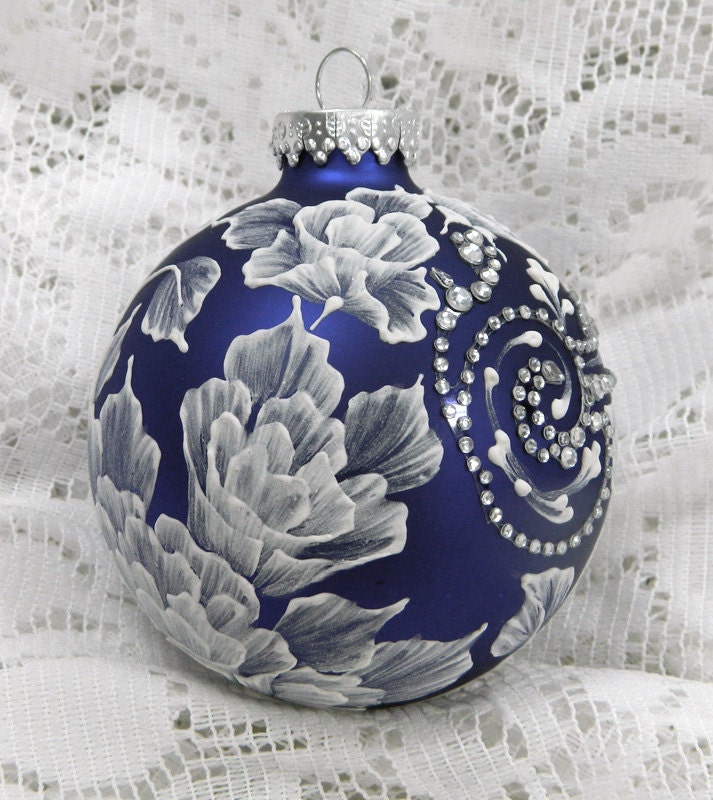 royal blue christmas ornament with hand painted mud 3d flowers royal blue christmas ornament with hand painted mud 3d flowers