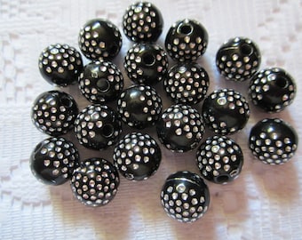 15 Black & Silver Polka Dotted Etched Round Acrylic Beads 12mm