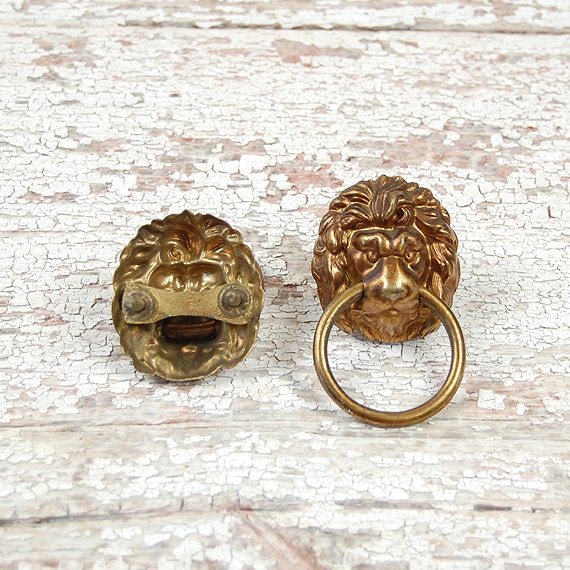 Antique Lion Head Drawer Pulls Cast and Stamped Brass Hardware