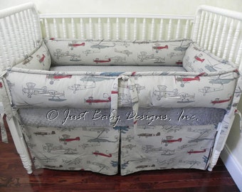 Custom Crib Bedding Set Logan -Vintage Airplanes with Gray