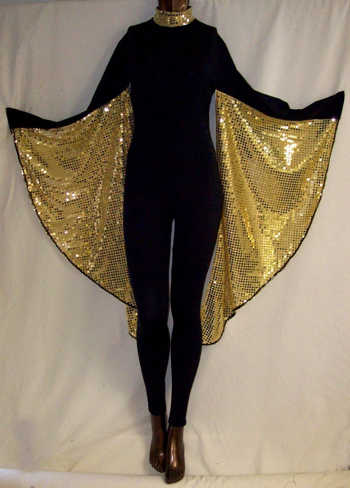 Black Spandex with Gold Sequin Wings Unitard Catsuit Bodysuit