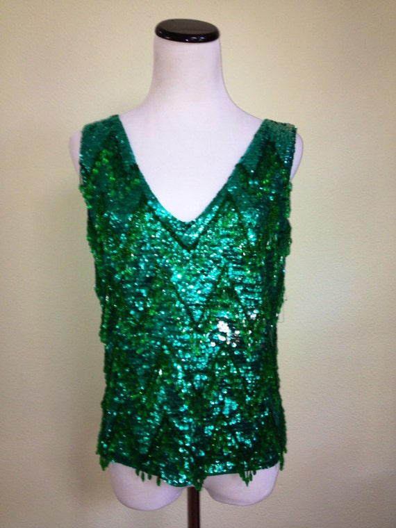 Vtg 1980s Emerald Green Beaded Gypsy Sequin Top 3880