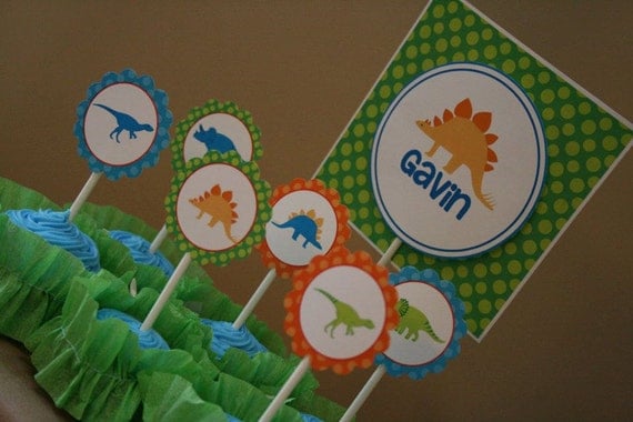 Dinosaur Birthday Party- Assembled Cupcake Toppers - Aqua Orange Lime Green