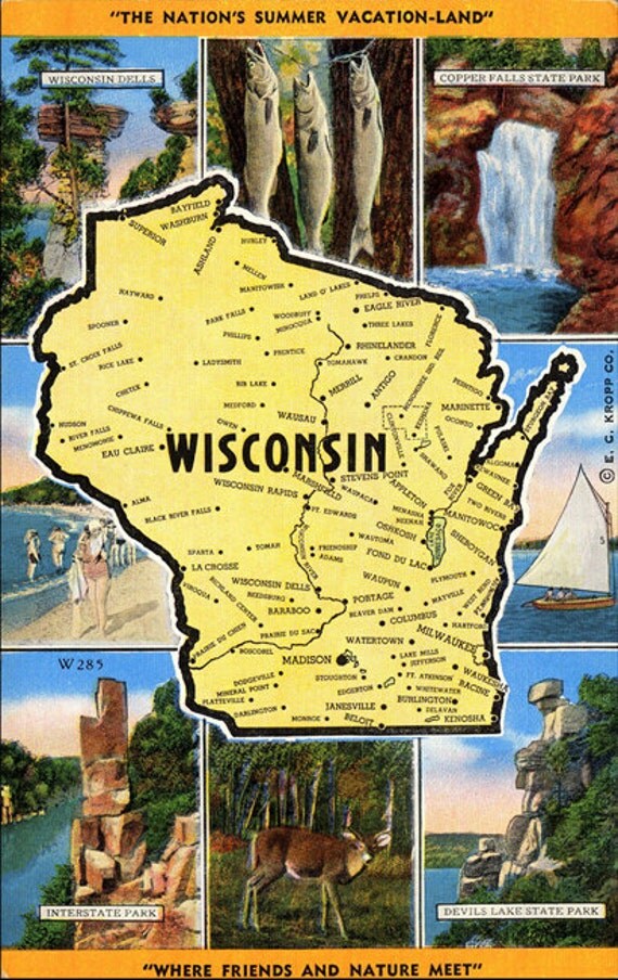 Wisconsin State Map Vintage Linen Greetings by PostcardBoutique