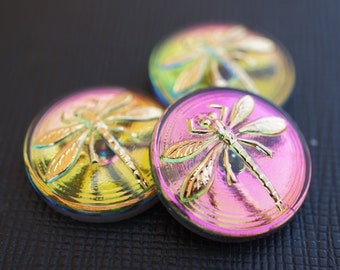 Czech Glass Cabochon Pink-Green Vitrail, Gold Dragonfly size 8, 18mm 1 pc (BUT15020/8)