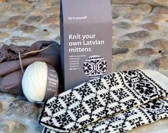 Latvian Mitten DIY Knitting Kit Black and White