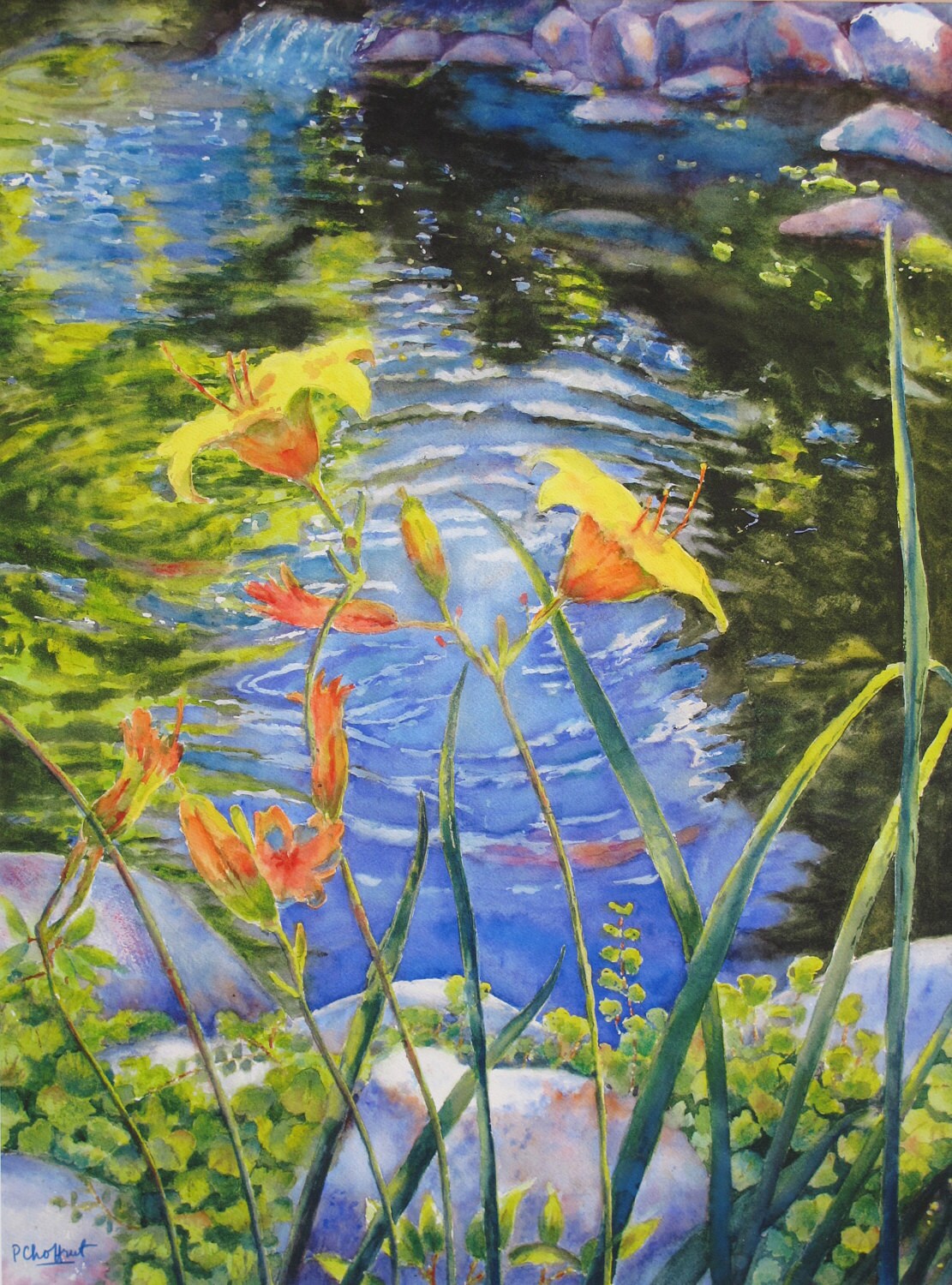 Lilies Koi Pond Summer Original Watercolor Painting fish pond