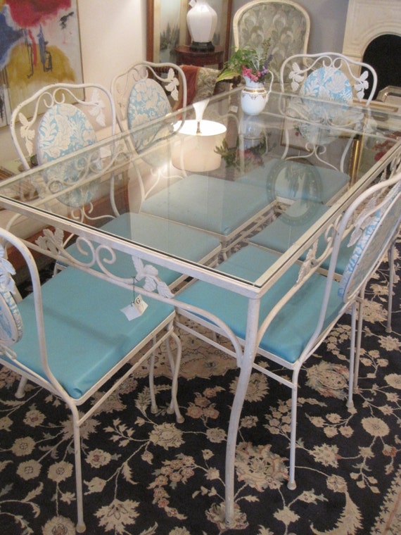 Vintage White Wrought Iron Dining Set with Blue Upholstry