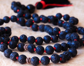Prayer Beads, 108 Mala Necklace, Lava Stone Necklace, Black Mala, Knotted Mala Beads, Yoga Jewelry
