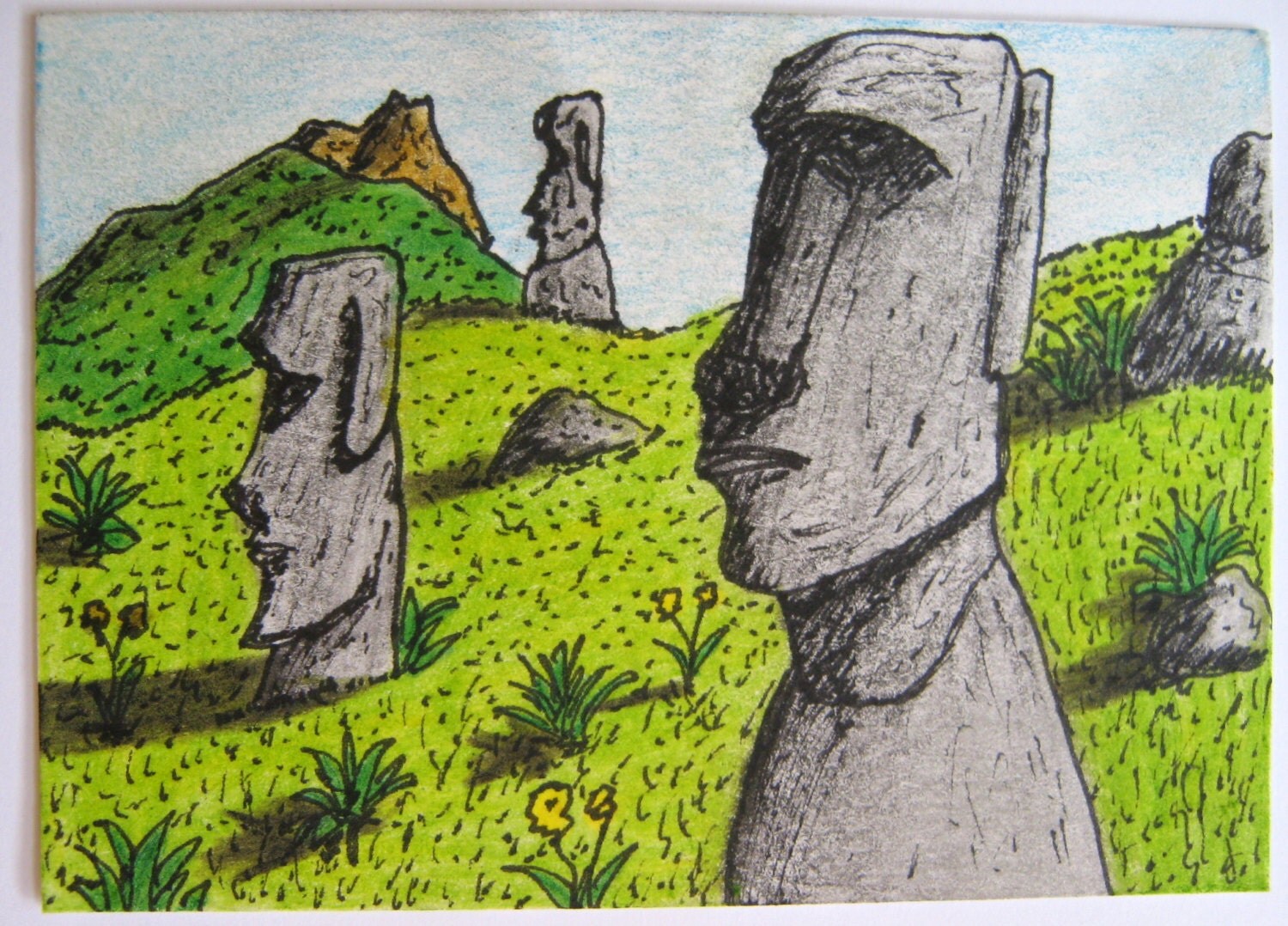 Download Easter Island ACEO art print ink and color pencil drawing