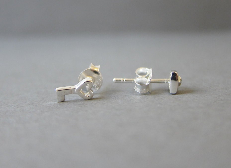 Tiny Sterling Silver Key Lock Stud Earrings Cute Earrings.