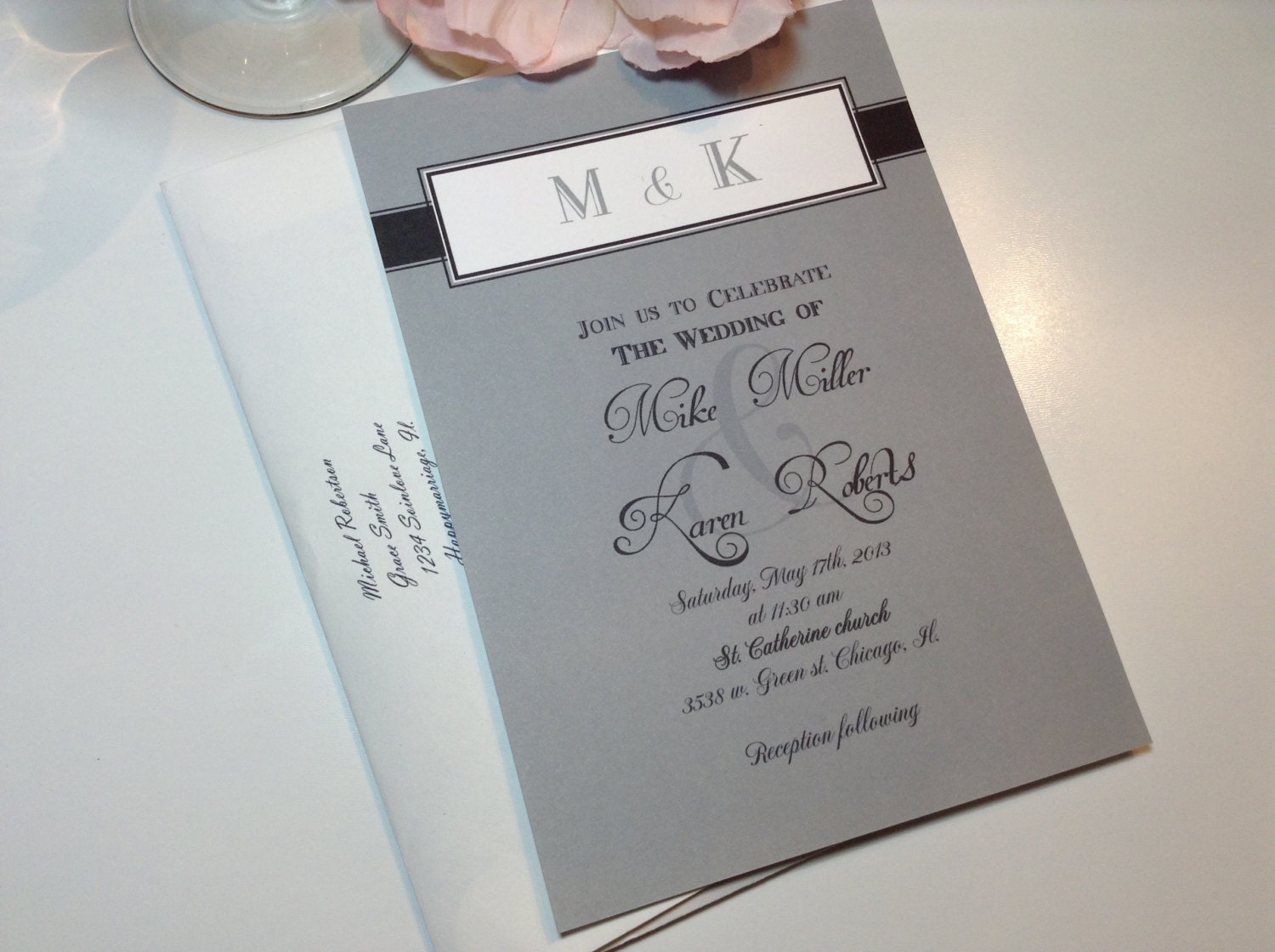 100 Wedding Invitations invites Grey and Black monogram