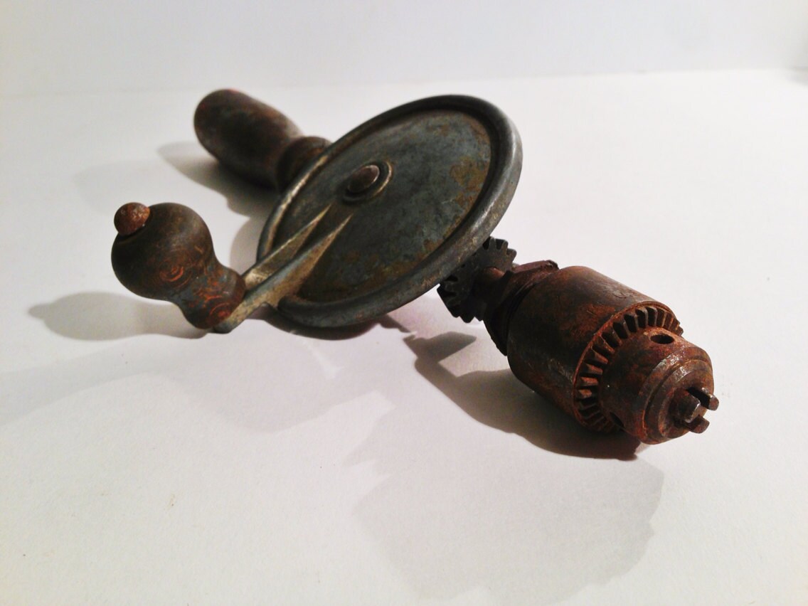 Antique Hand Crank Drill with Wood Handle by VintageMarketCT