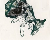 Ontario, common loon and trilium linocut - Lino Block Print Maps of Canadian Provinces & Territories with Provincial Symbols - Ontario Loon