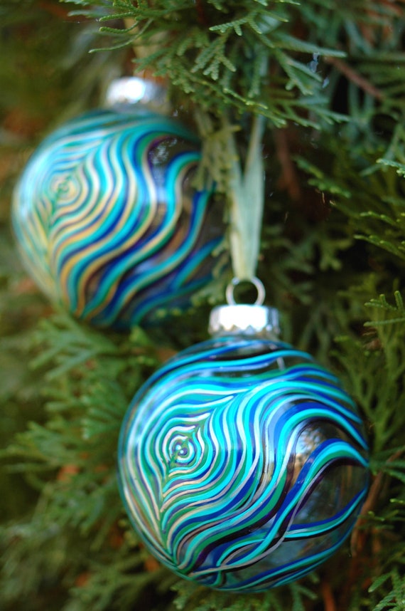2 peacock feather ornaments hand painted glass christmas 2 peacock feather ornaments hand painted glass christmas